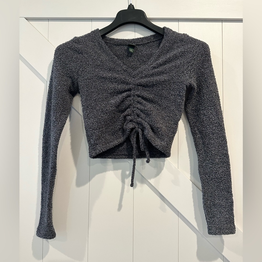Cropped Drawstring Sweater - Grey